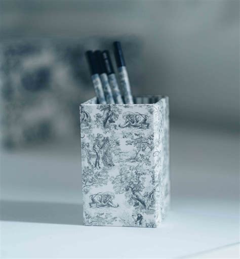 Square Pencil Holder Gray Toile de Jouy 